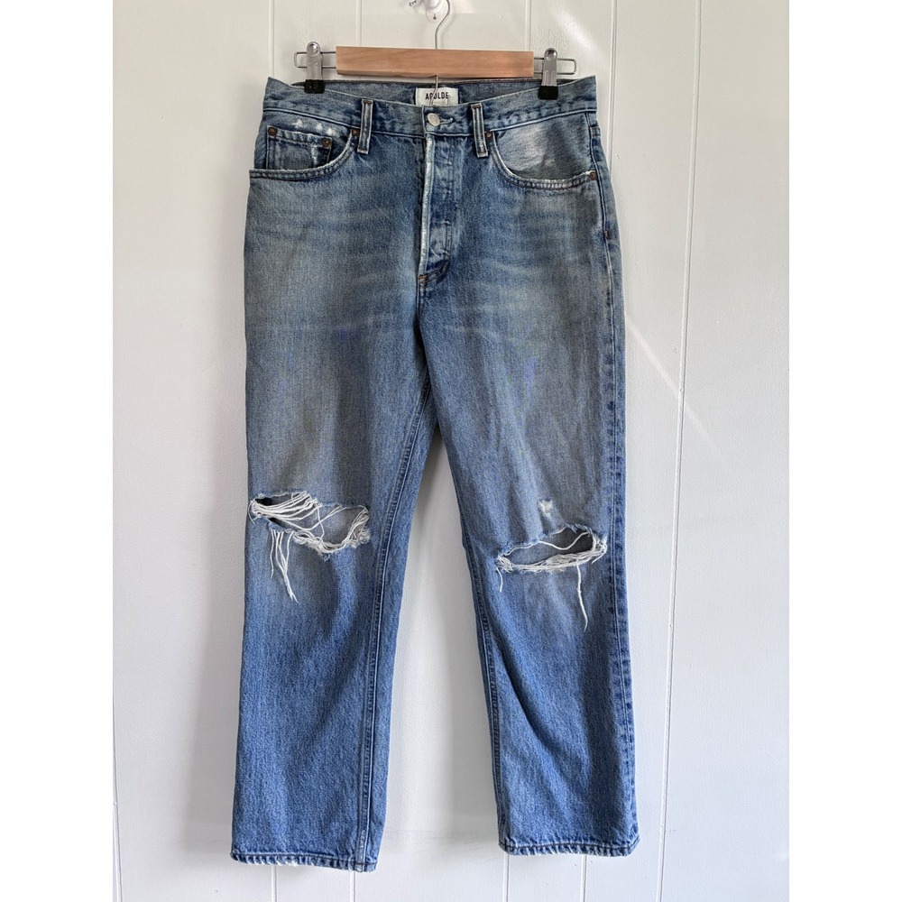 AGOLDE Riley Distressed Straight Leg Cropped Jeans Blue Denim Size 27 Distressed